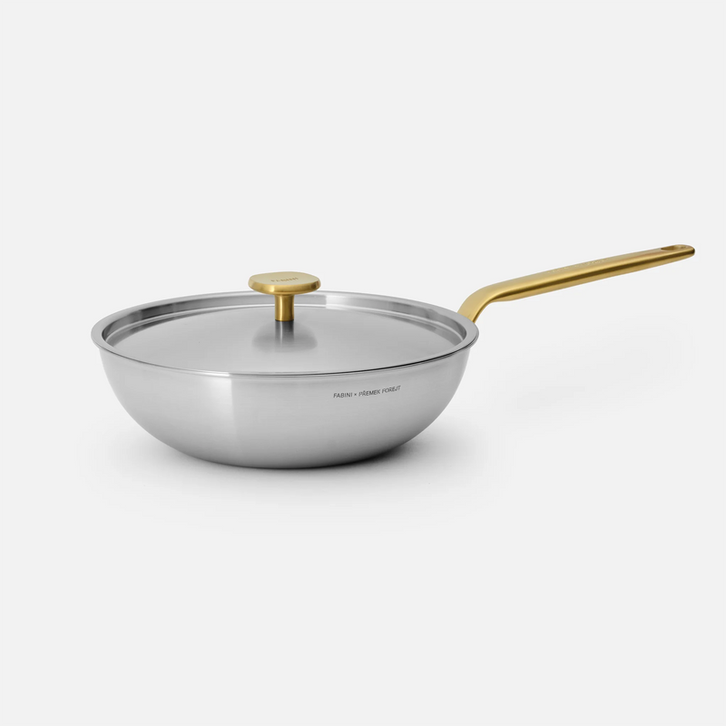 Wok serpenyő FABINI & Forejt, ø 26 cm - Szegecs nélküli, többrétegű rozsdamentes acél wok serpenyő, fedővel