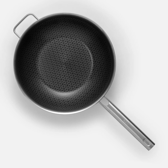 Wok serpenyő Hibrid, ø 30 cm - Szegecs nélküli, többrétegű rozsdamentes acél wok serpenyő hibrid kerámia felülettel, fedővel