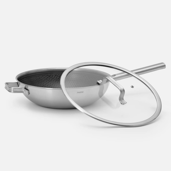 Wok serpenyő Hibrid, ø 30 cm - Szegecs nélküli, többrétegű rozsdamentes acél wok serpenyő hibrid kerámia felülettel, fedővel