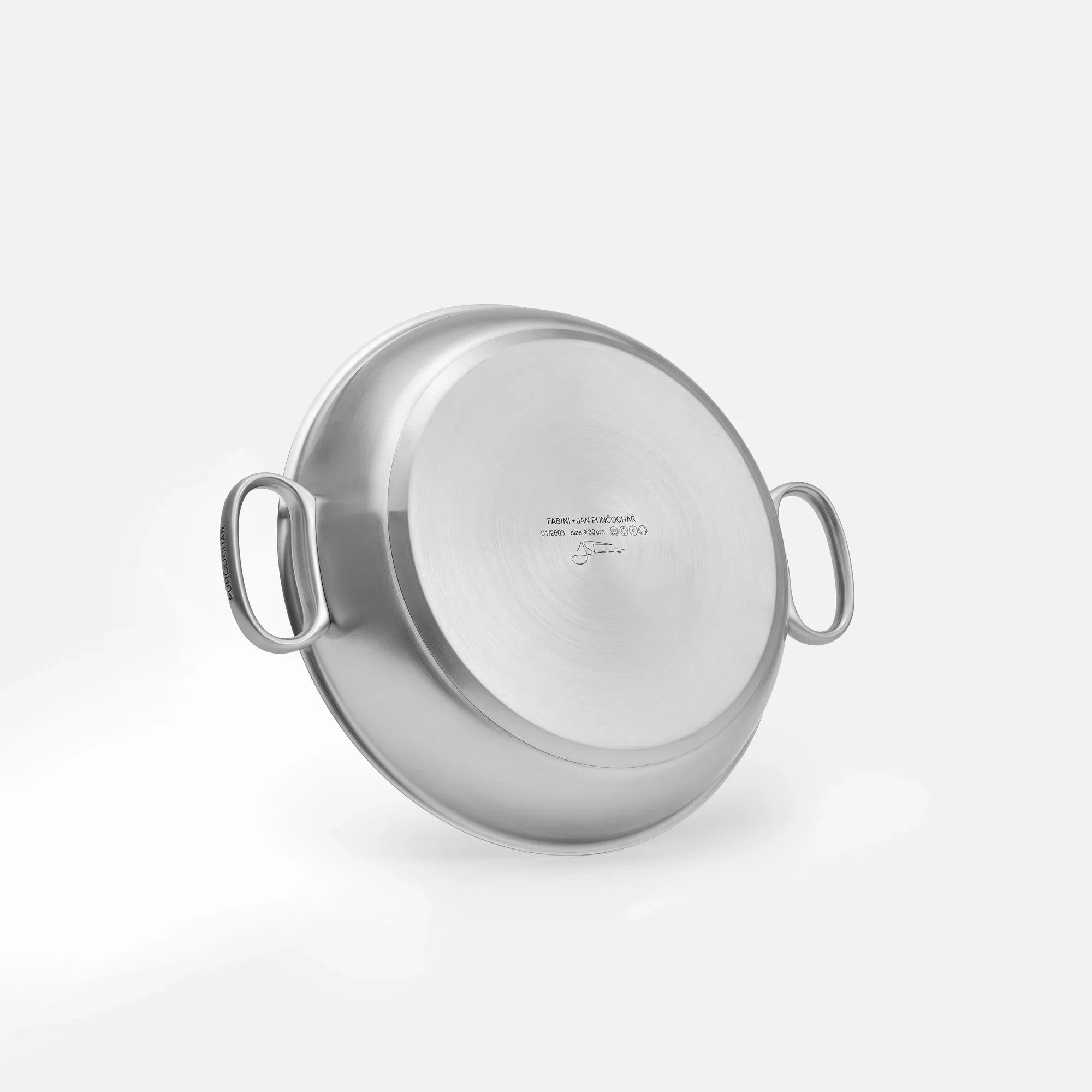 Kúpos tálaló tegame serpenyő FABINI & Punčochář, ø 30 cm (3,5 l) - Szegecs nélküli serpenyő egyrétegű rozsdamentes acélból, üvegfedővel