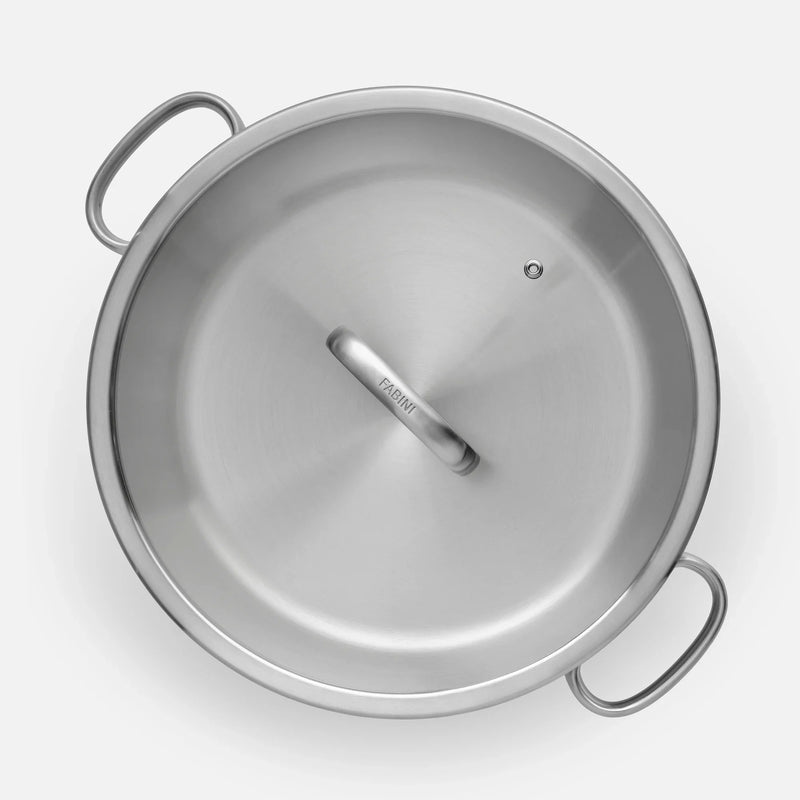Kúpos tálaló tegame serpenyő FABINI & Punčochář, ø 30 cm (3,5 l) - Szegecs nélküli serpenyő egyrétegű rozsdamentes acélból, üvegfedővel