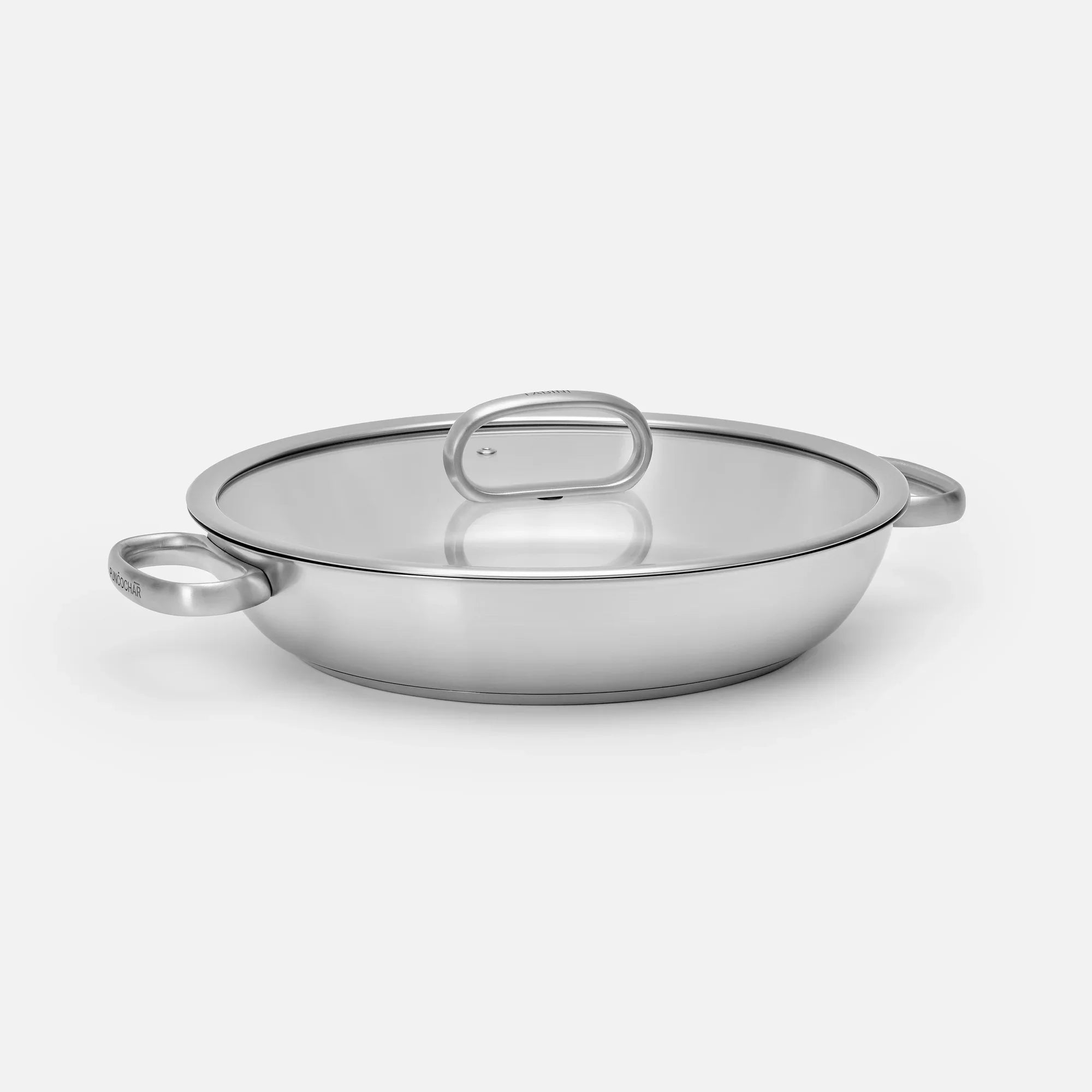 Kúpos tálaló tegame serpenyő FABINI & Punčochář, ø 30 cm (3,5 l) - Szegecs nélküli serpenyő egyrétegű rozsdamentes acélból, üvegfedővel