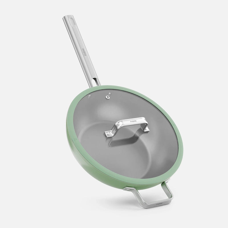 Wok serpenyő Meda 5.0 Standard, ø 28 cm - Tapadásmentes kerámia bevonatú serpenyő fedővel, zsályazöld