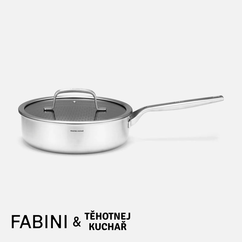 Mély serpenyő FABINI & Těhotnej kuchař, ø 24 cm (2,5 l) - Szegecs nélküli, többrétegű rozsdamentes acél serpenyő hibrid kerámia bevonattal, fedővel
