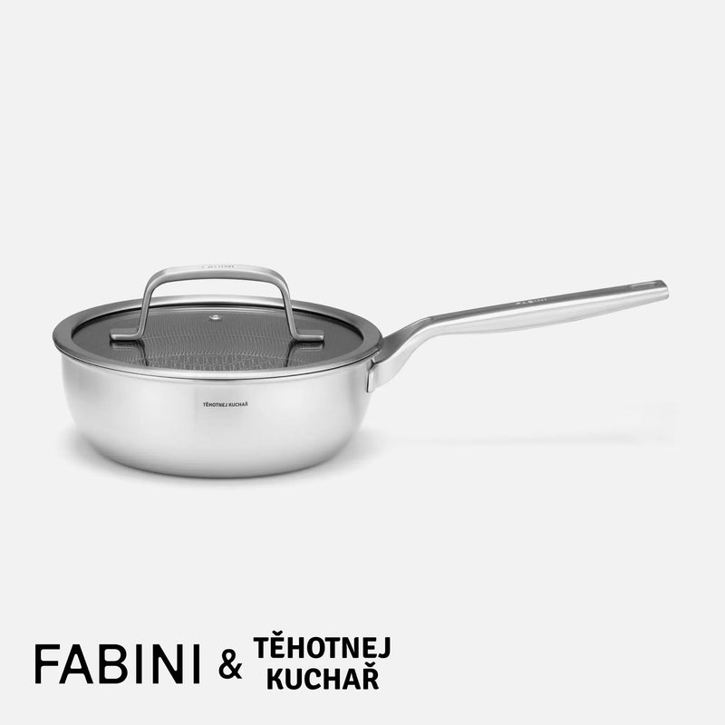 Nyeles lábas, kúp alakú FABINI & Těhotnej kuchař, ø 20 cm (1,5 l) - Szegecs nélküli, többrétegű rozsdamentes acél lábas hibrid kerámia bevonattal, fedővel